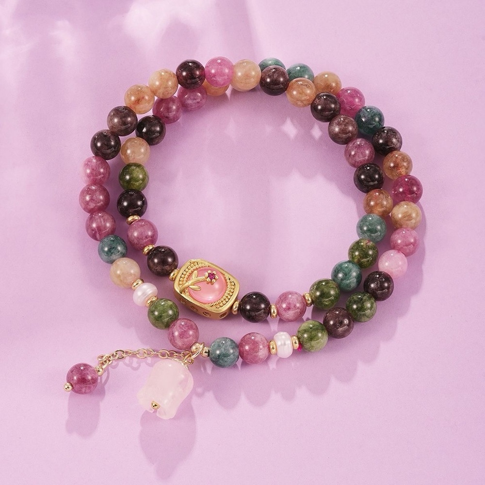Natural Colorful Tourmaline With Pink Lily of the Valley Pendant Bracelet NEW